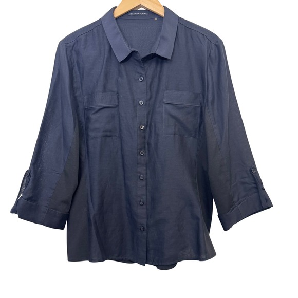 Elie Tahari Tops - Elie Tahari Top XL‎ Navy Blue Silk Cotton Blend Button Down Mixed Media Shirt